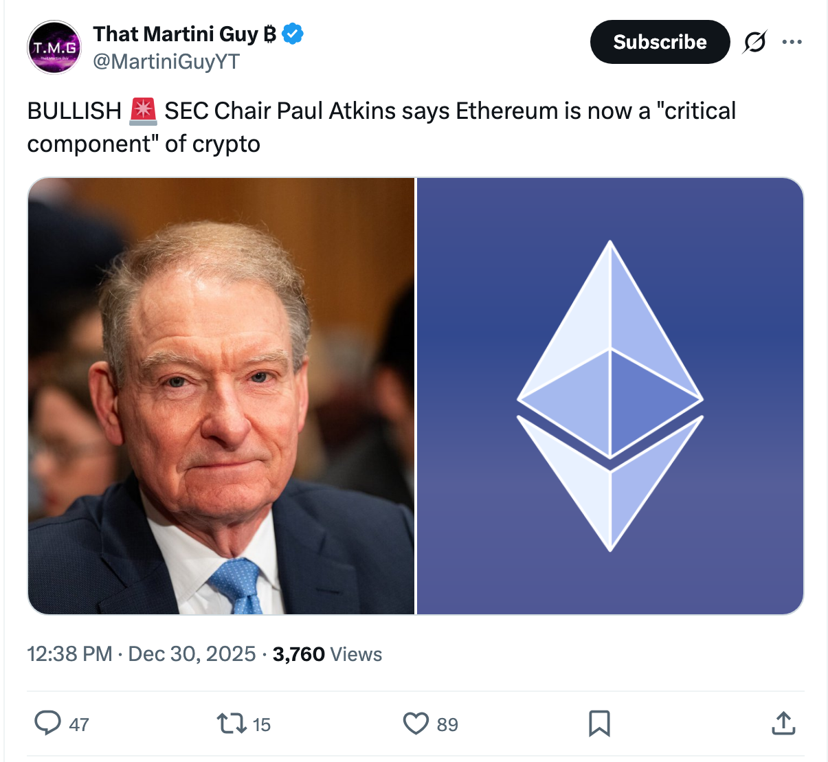 SEC Chair calls Ethereum critical | Source: X