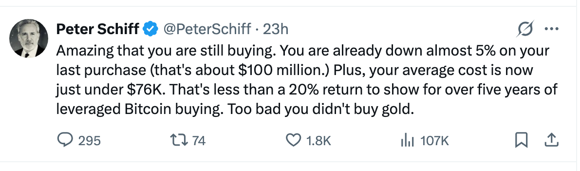 Peter Schiff blasts Saylor for Bitcoin purchase | Source: X