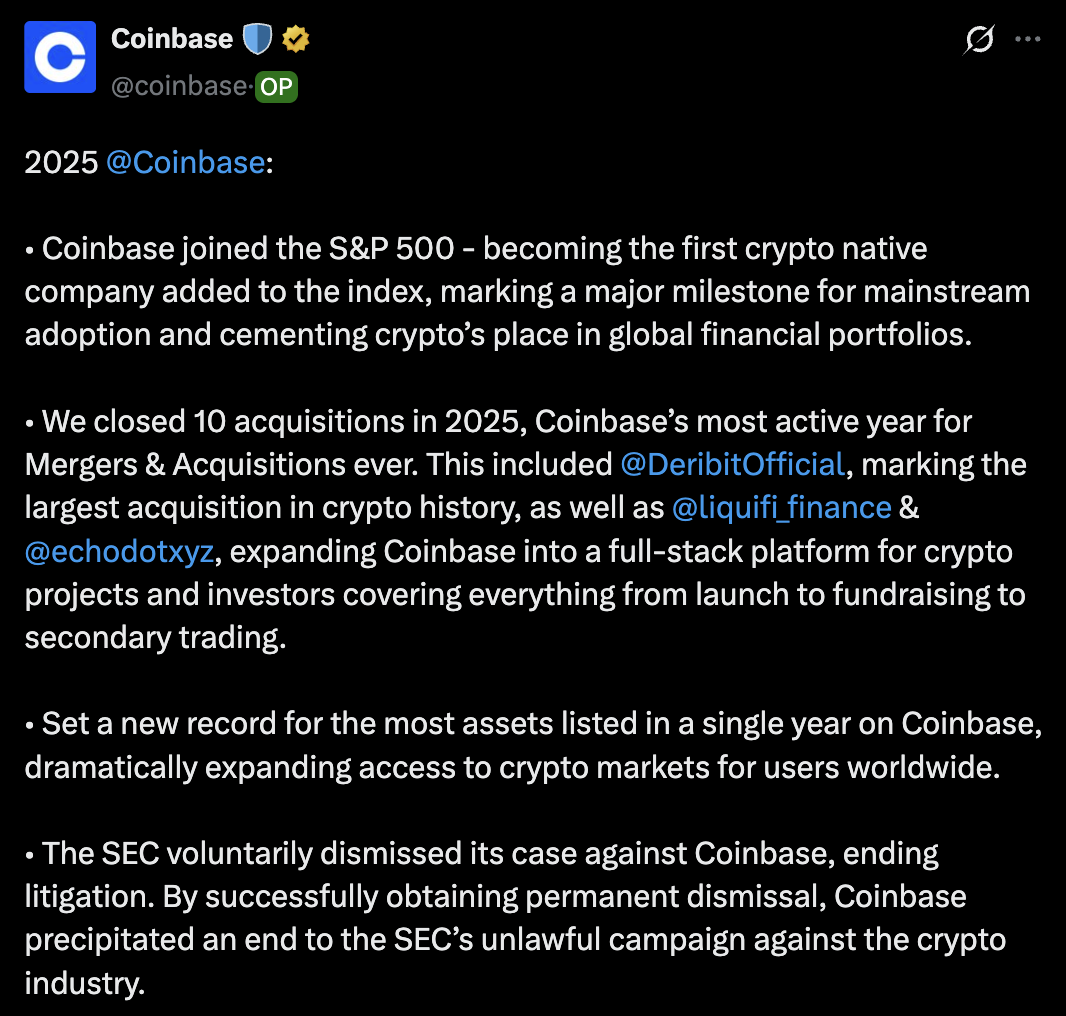 บทสรุปภาพรวมปี 2025 ของ Coinbase ที่มา : X