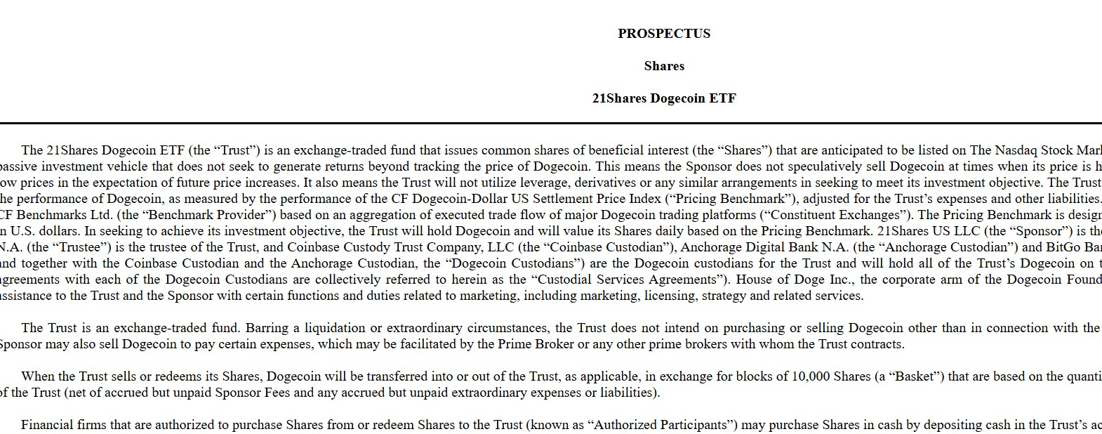 21Shares Dogecoin ETF Files 424B3 | Source: US SEC