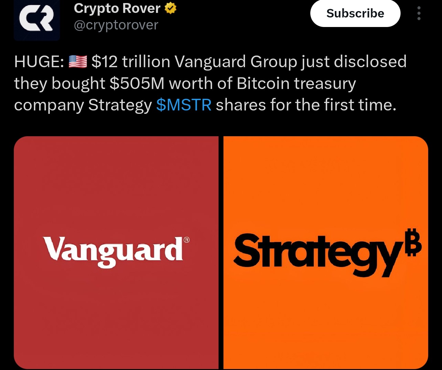 Vanguard Group's MSTR purchase news | Source: Crypto Rover/X