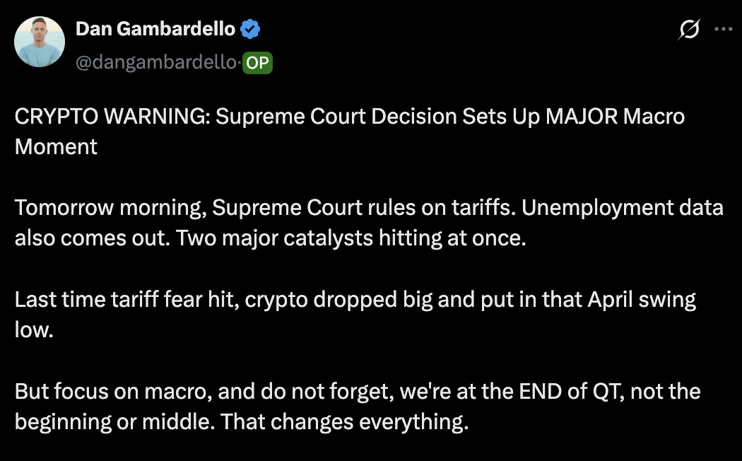 Dan Gambardello’s X post warning about crypto market drop