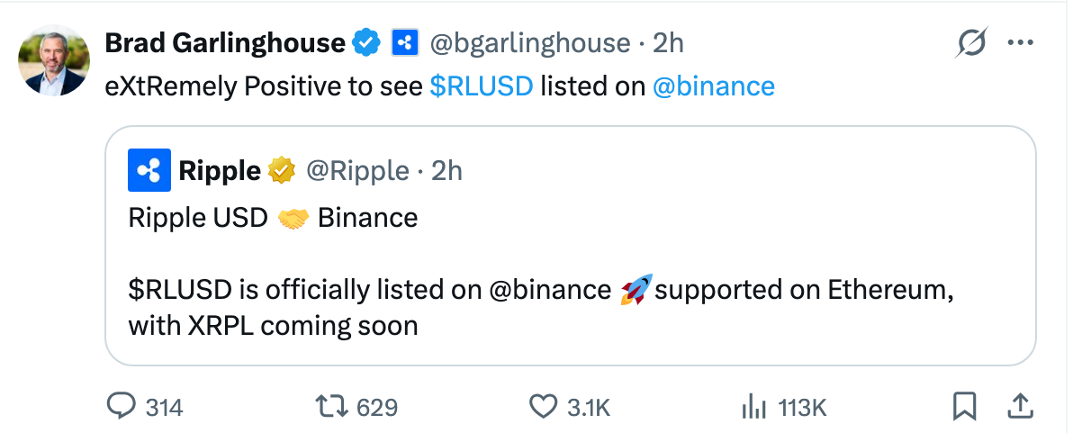 Brad Garlinghouse celebrates RLUSD listing on Binance | Source: X