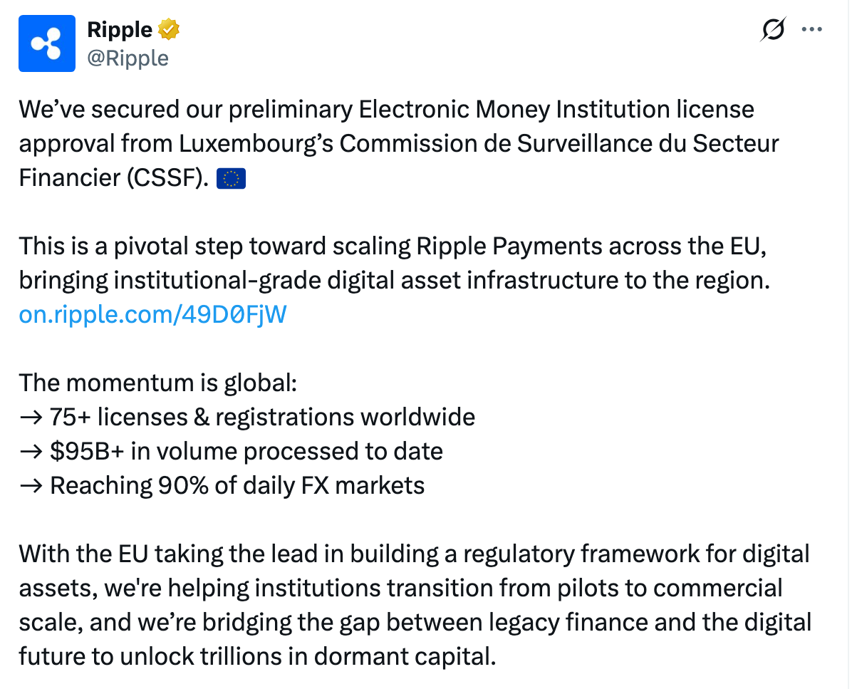 Ripple receives license from Luxembourg | Source: X