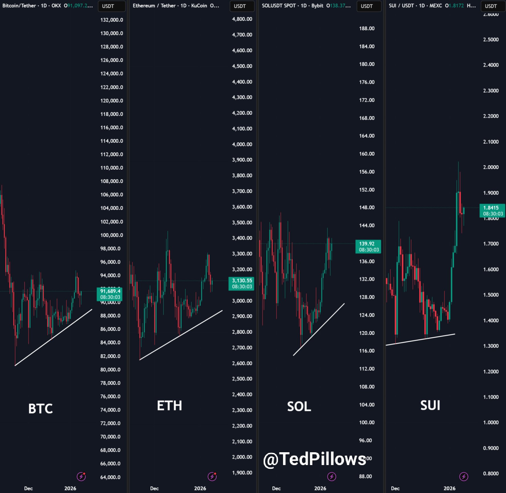 Gráficos de BTC, ETH, SOL, SUI | Fuente: Ted Pillows/X