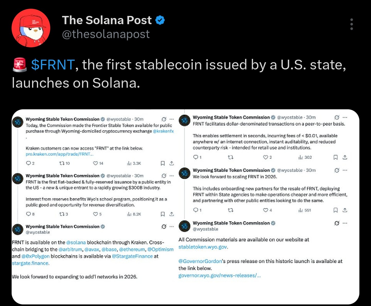 News of FRNT launching on Solana | Source: The Solana Post/X