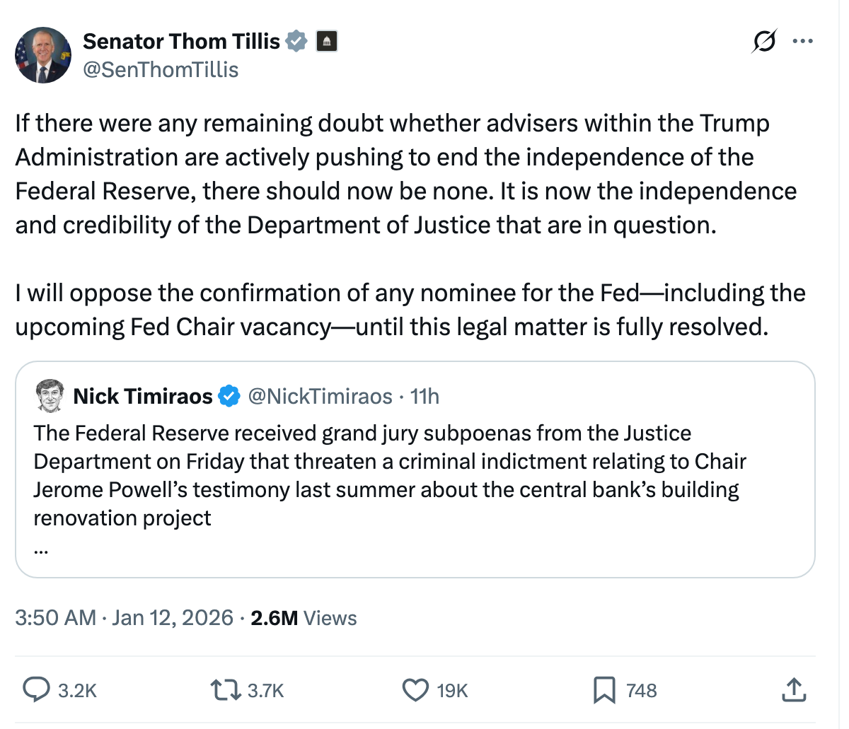 Declaración de Thom Tillis sobre la Fed | Fuente: X