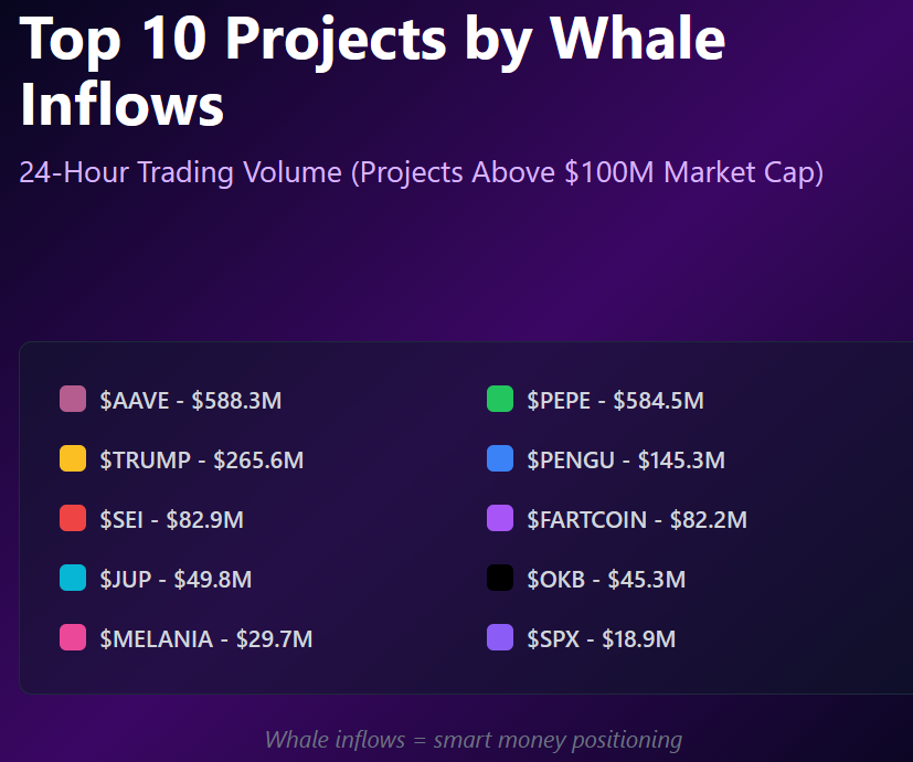 Top 10 projects by whale inflows | Source: Dami DeFi/X