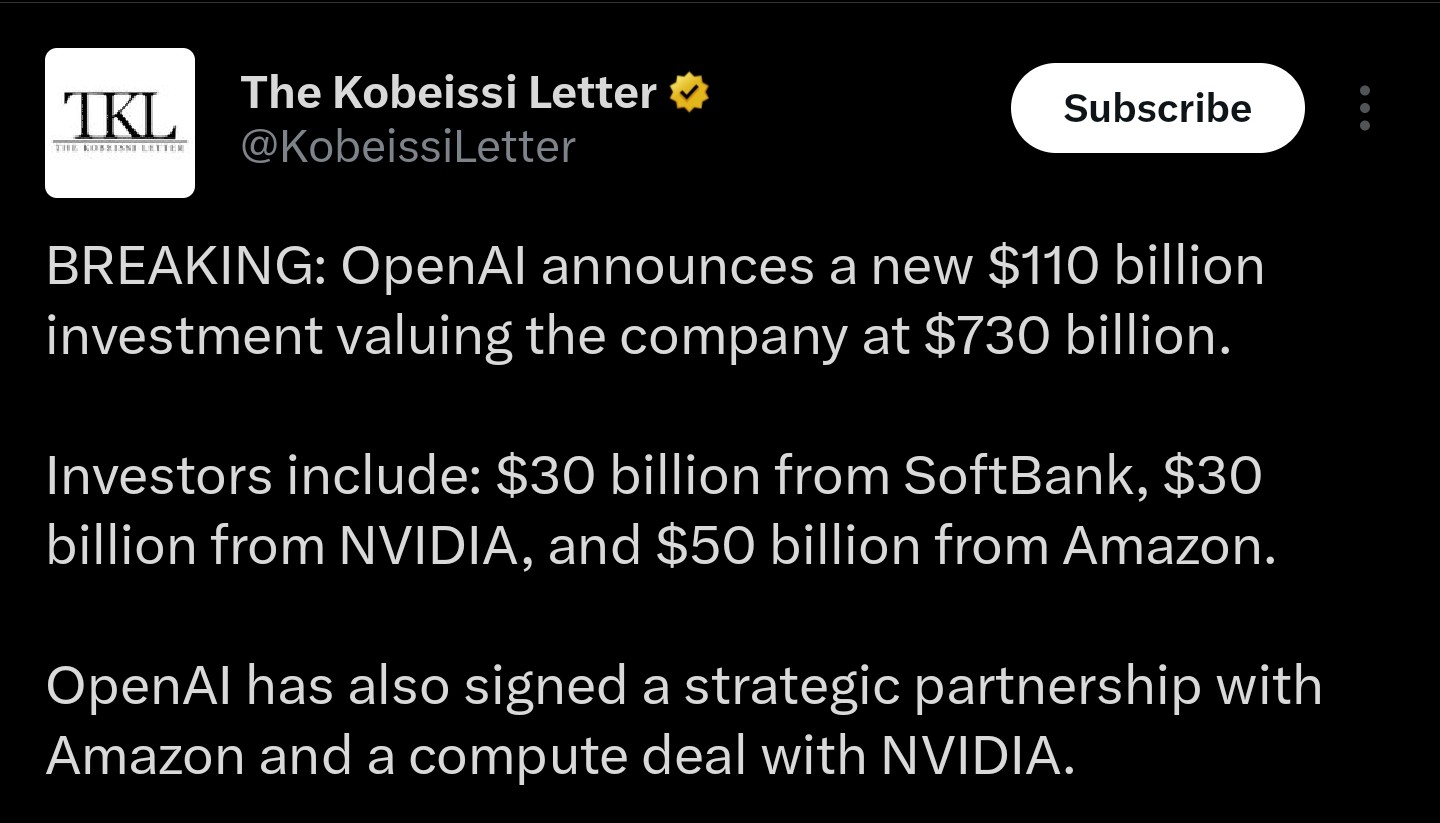 Importante inversión en el sistema OpenAI | Fuente: Kobeissi Letter/X