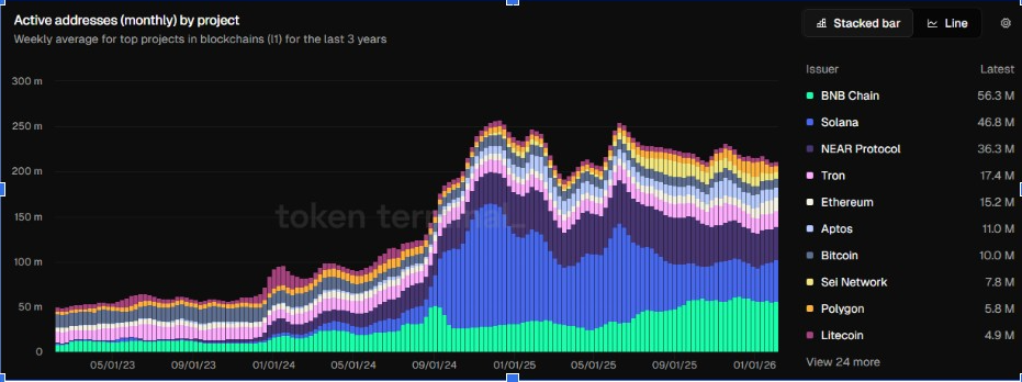 Active Addresses (Monthly) by Project | Source: Token Terminal, X