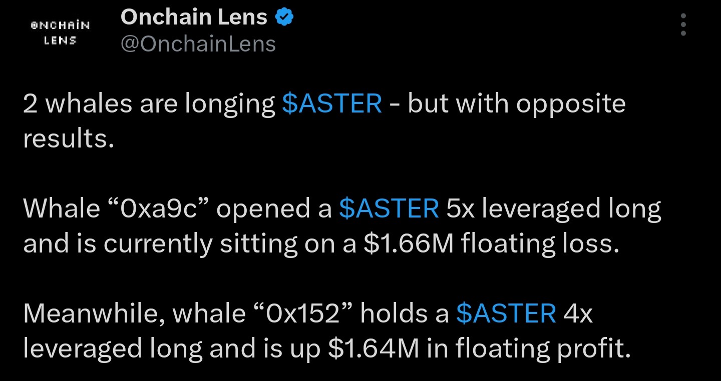 Данные об активности китов ASTER | Источник: Onchain Lens