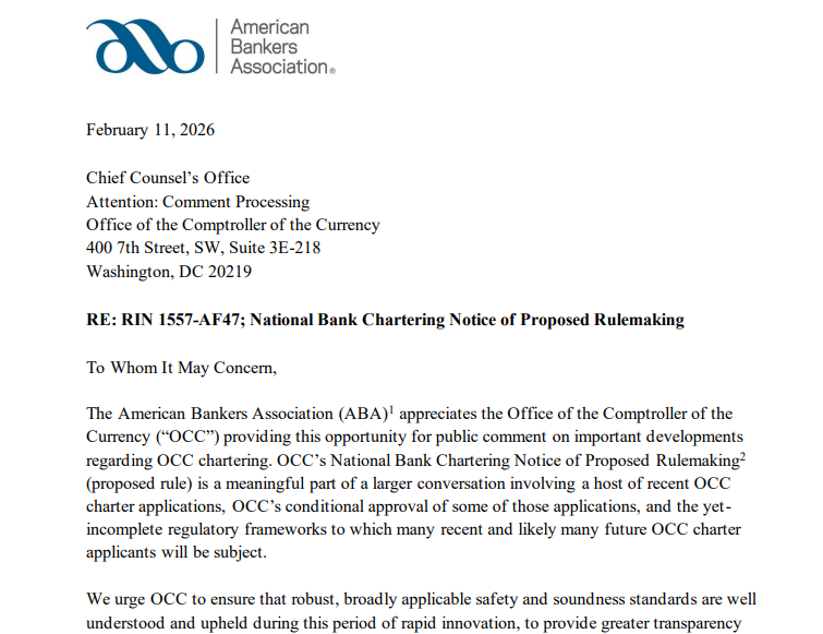 ABA Letter to the OCC. Source: American Bankers Association