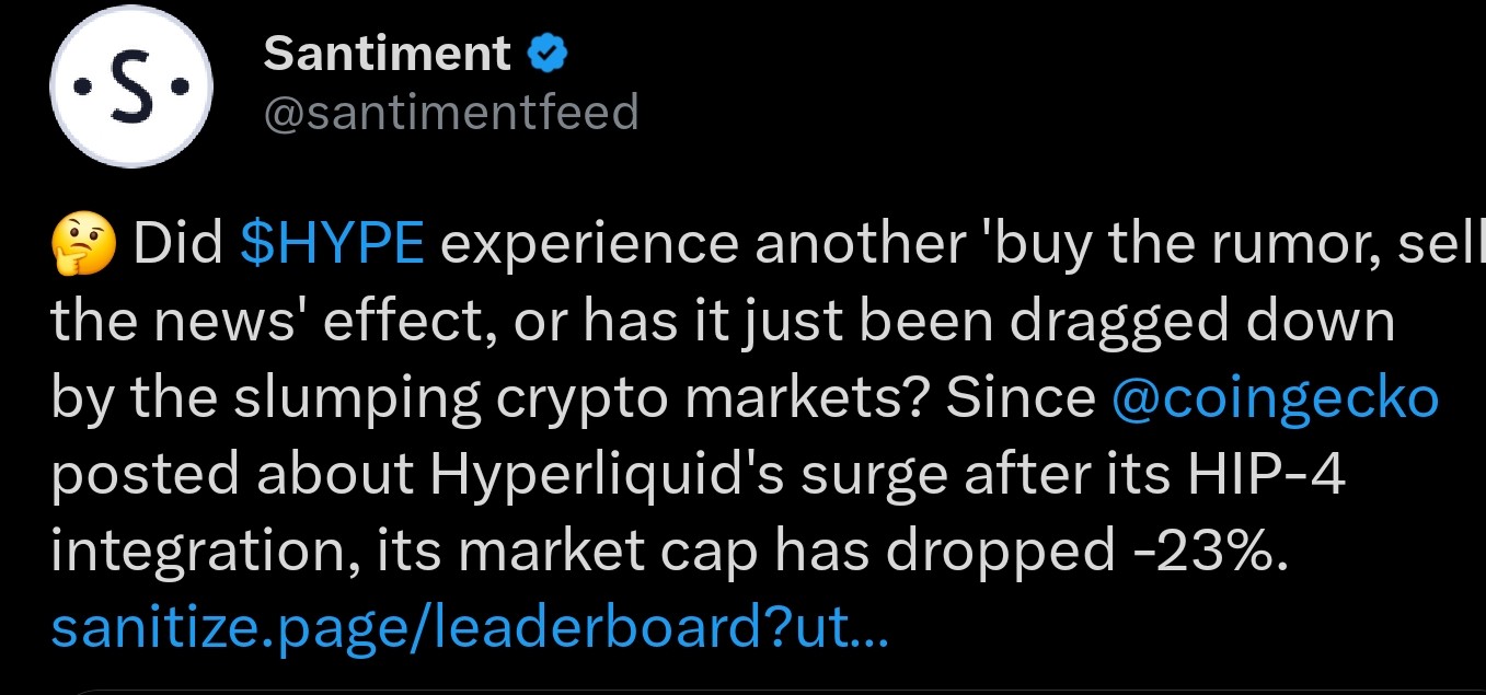 HYPE token price crash news | Source: Santiment