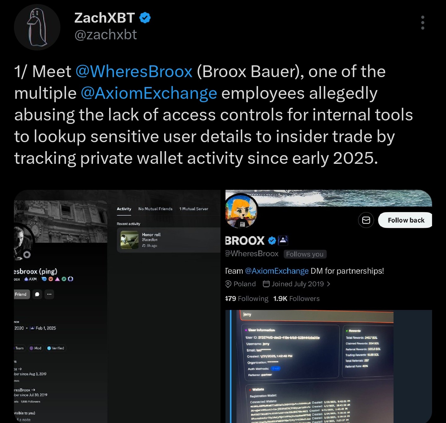 Axiom exposed for insider trading | Source: ZachXBT/X