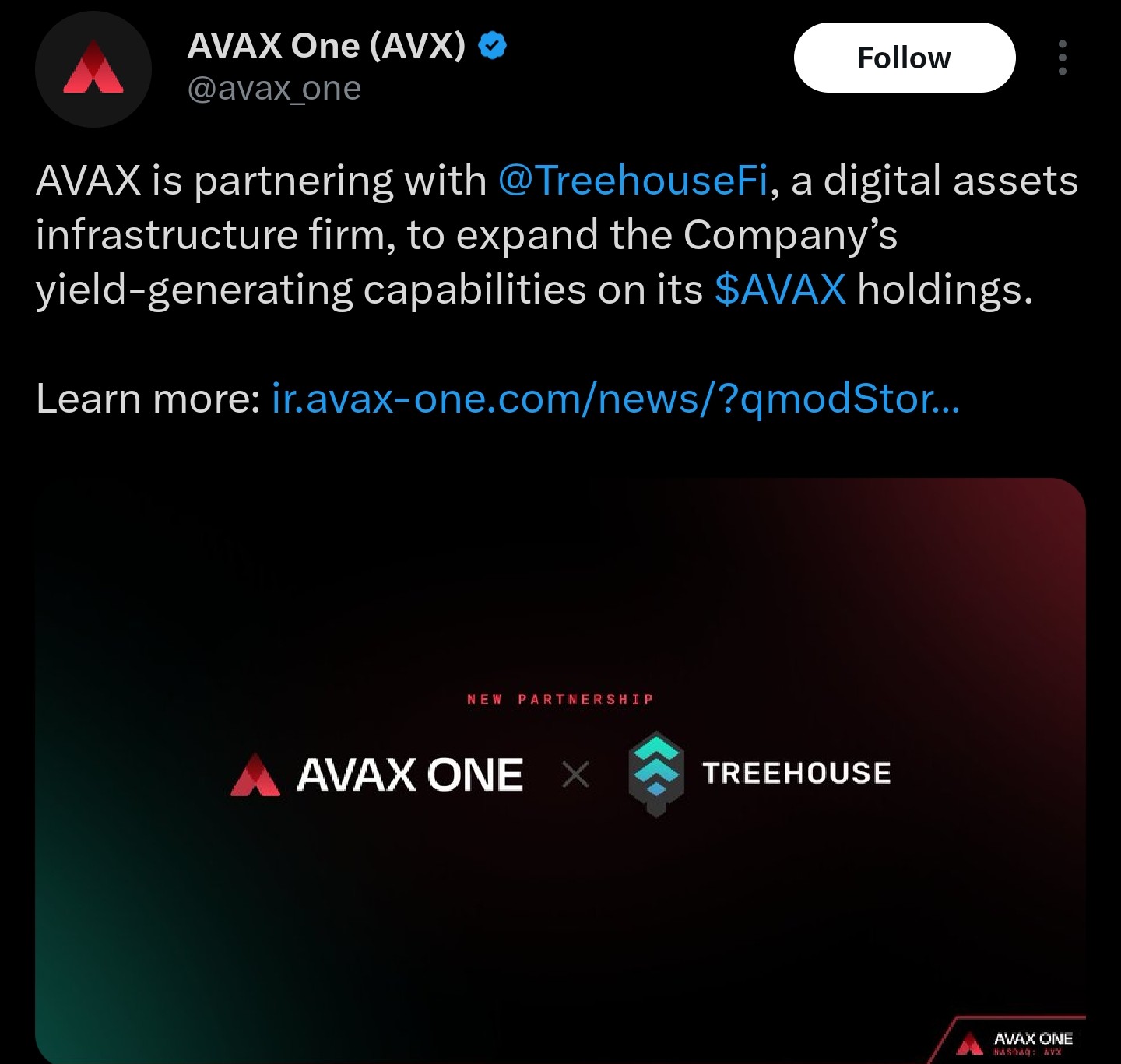 Asociación AVAX One x Treehouse | Fuente: AVAX One/X