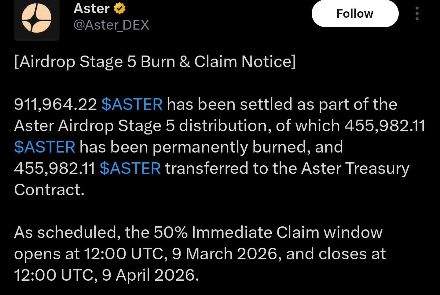 Datos cripto tokenómicos ASTER | Fuente: Aster_DEX/X