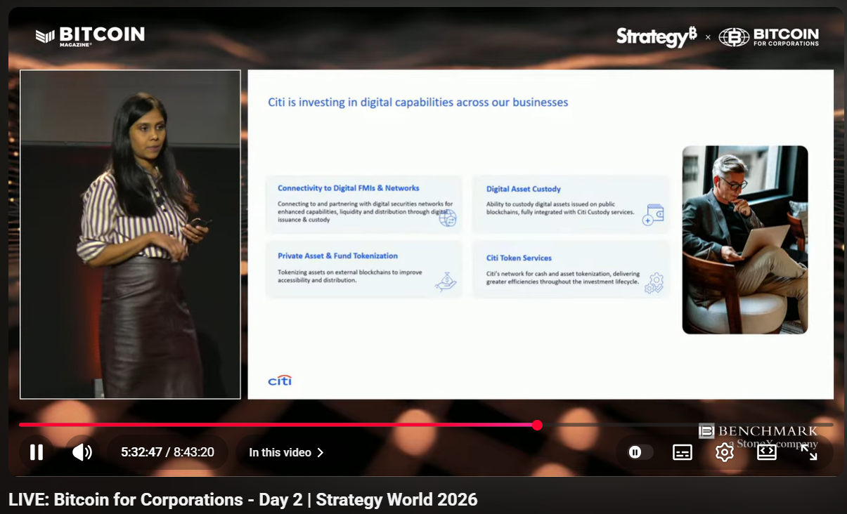 Nisha Surendran speaking at Strategy World 2026 Event | Source: Bitcoin Magazine, <a href=