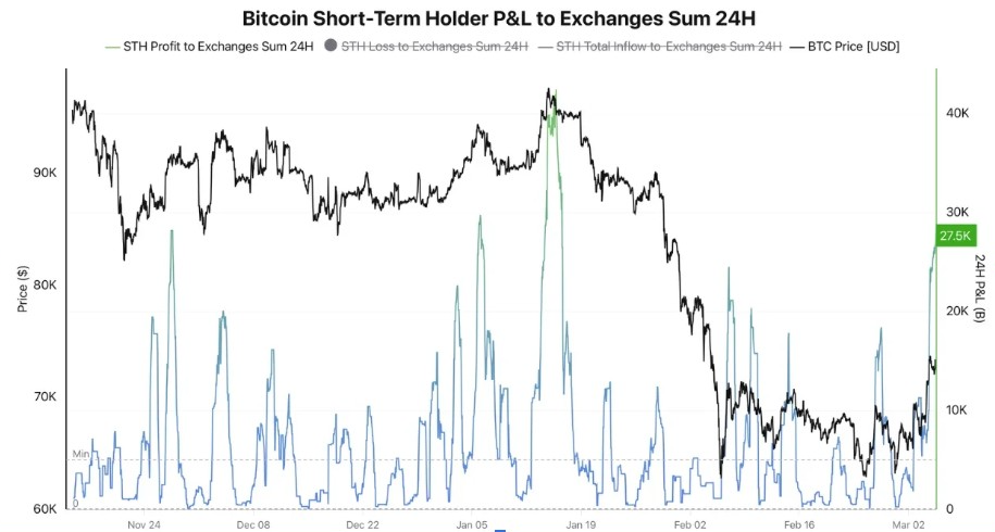 Bitcoin Titular a Corto Plazo P&amp;L a la Bolsa Suma 24H | Fuente: Datos de CryptoQuant