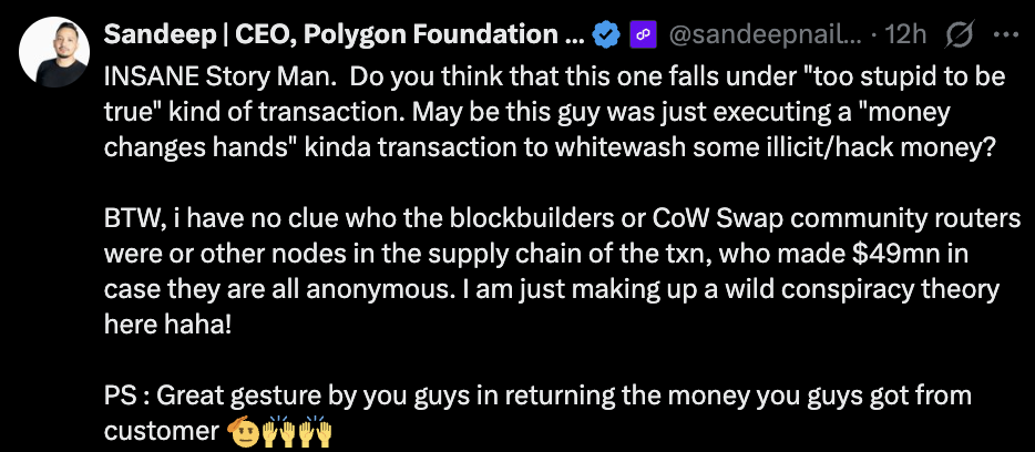X post by Polygon Foundation CEO