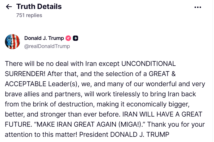 Captura de pantalla del post de Donald Trump sobre la Verdad Social | Fuente: @realDonaldTrump en  <a href="</div"></a>