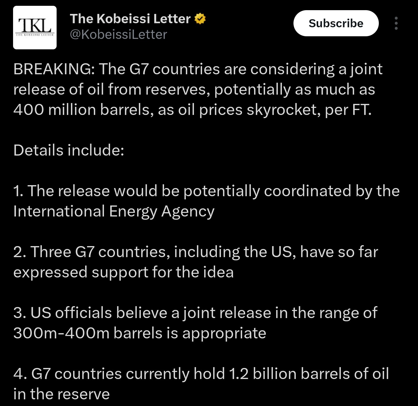 G7 announcement news | Source: Kobeissi Letter/X