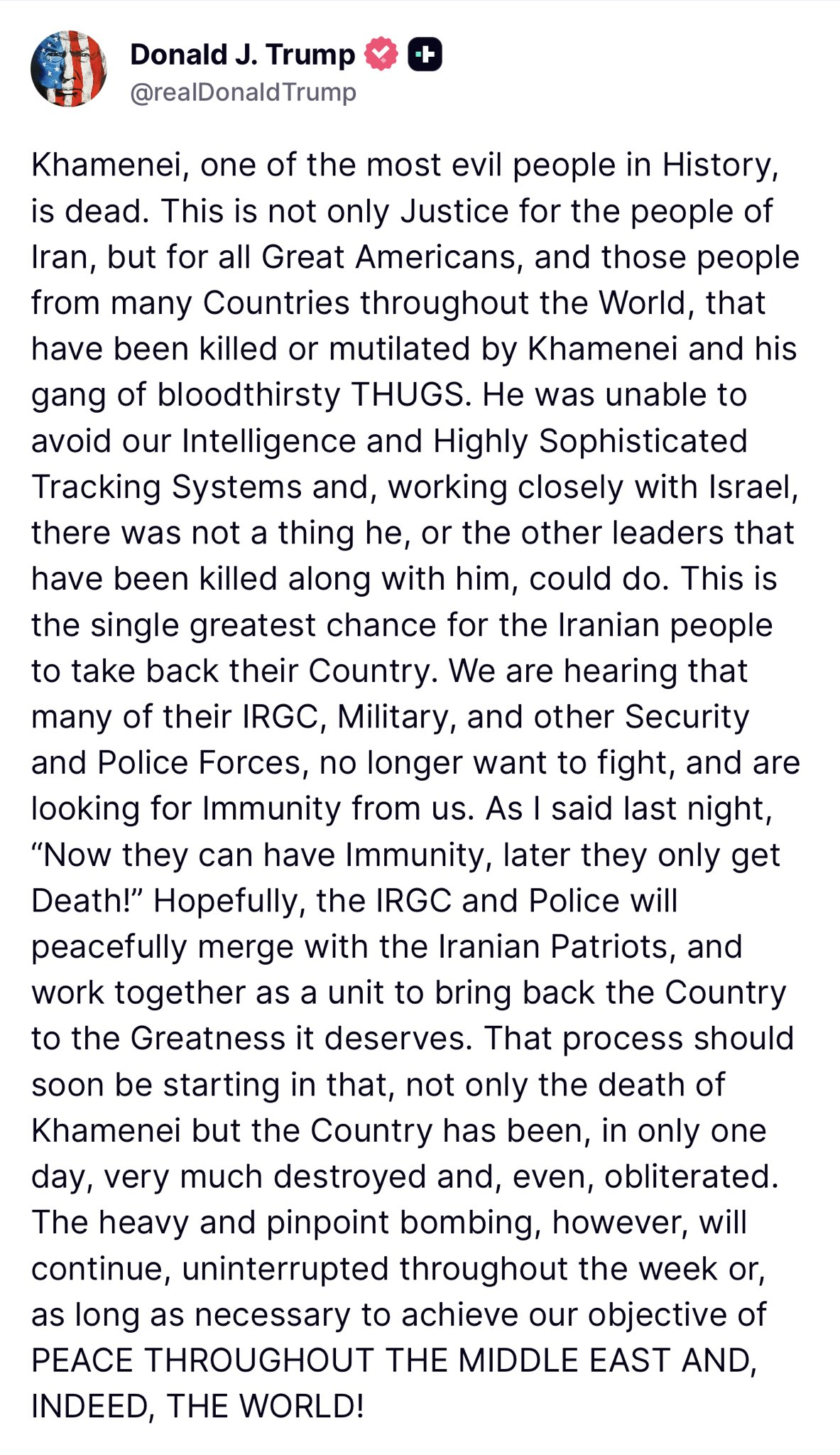 Le président Trump annonce la mort du guide suprême de l'Iran | Source : Truth Social