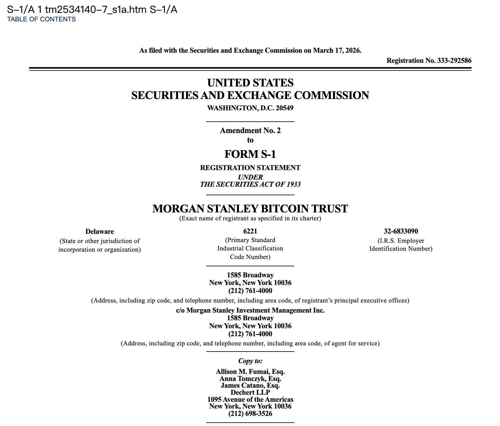 Morgan Stanley Bitcoin ETF S-1 form | Source: US SEC