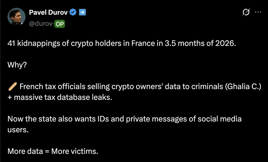 Post X de Pavel Durov sobre el cripto secuestro