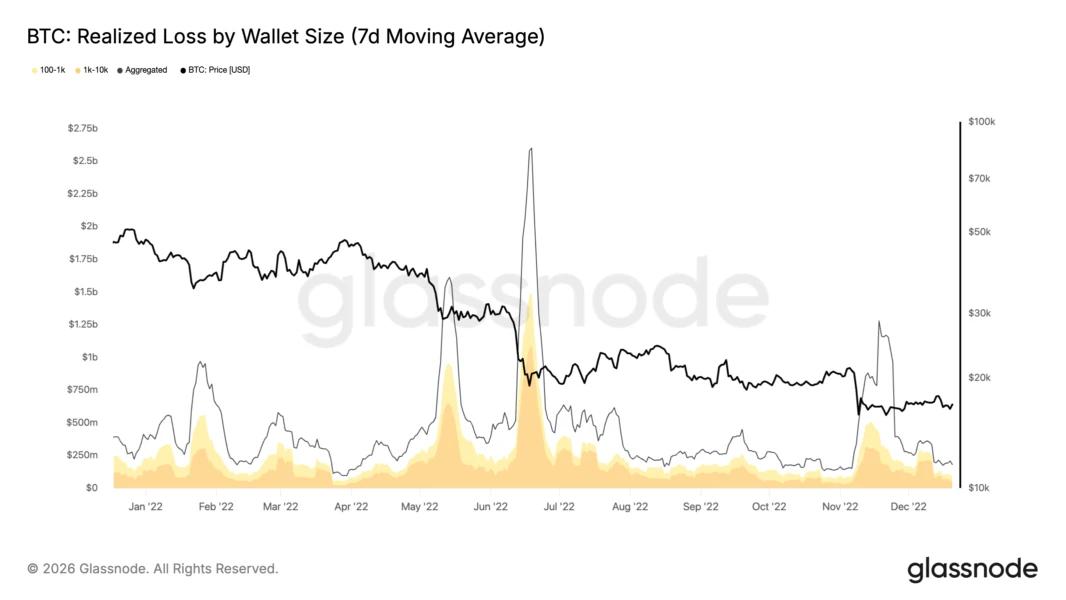 BTC realized loss by wallet size. Source: Glassnode