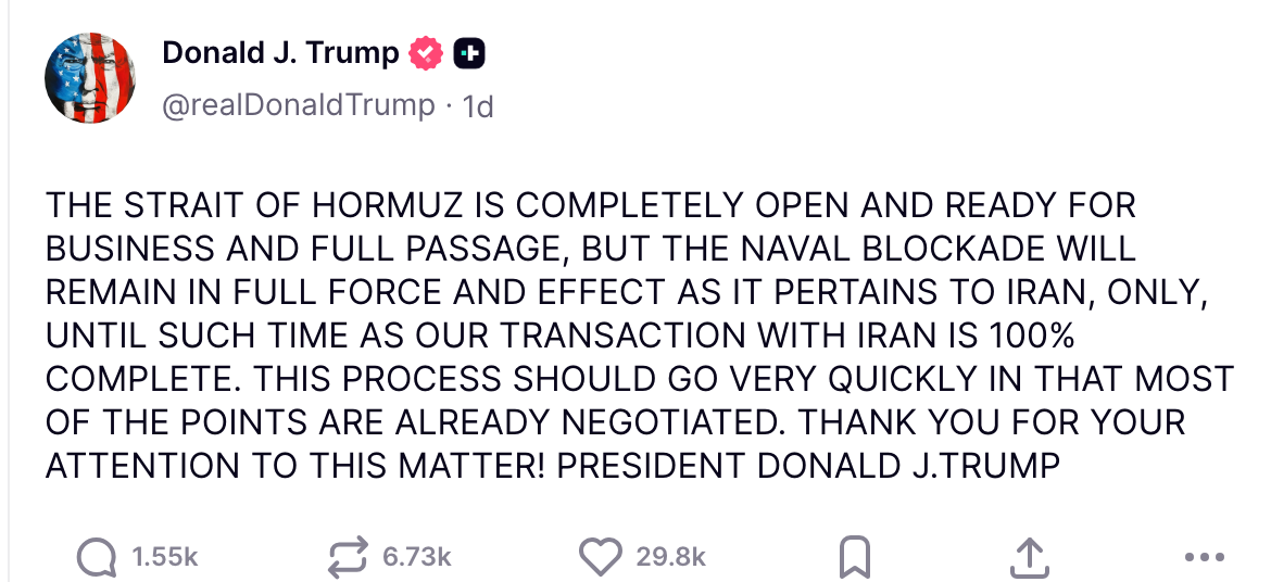 Donald Trump statement on Strait of Hormuz | Source: Truth Social