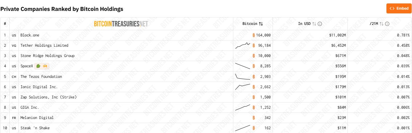 Empresas privadas por participaciones en BTC | Fuente: BITCOINTREASURIESNET