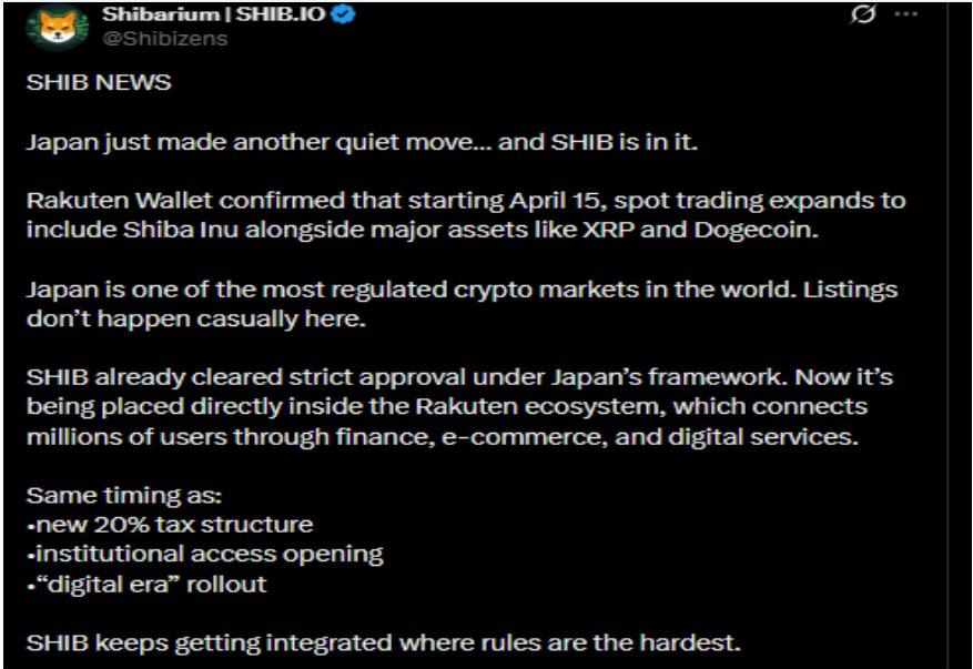 Rakuten Wallet Adds SHIB Spot Trading from April 15 | Source: Shibarium, X