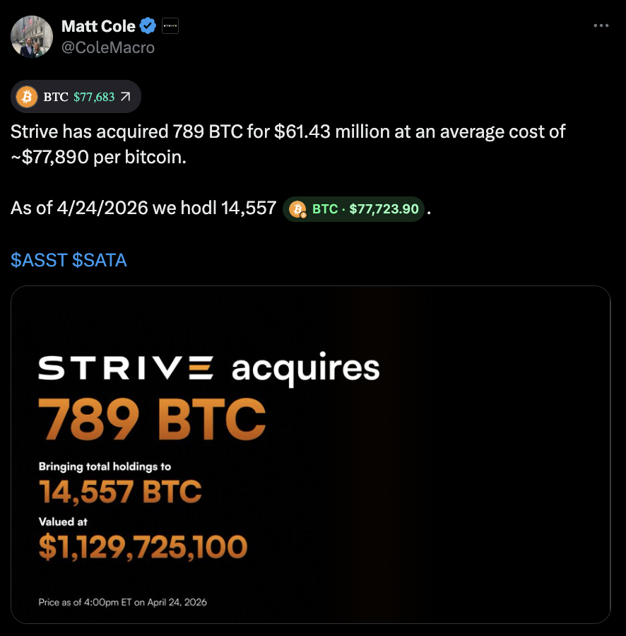 Post de Matt Cole sobre la reciente compra de BTC
