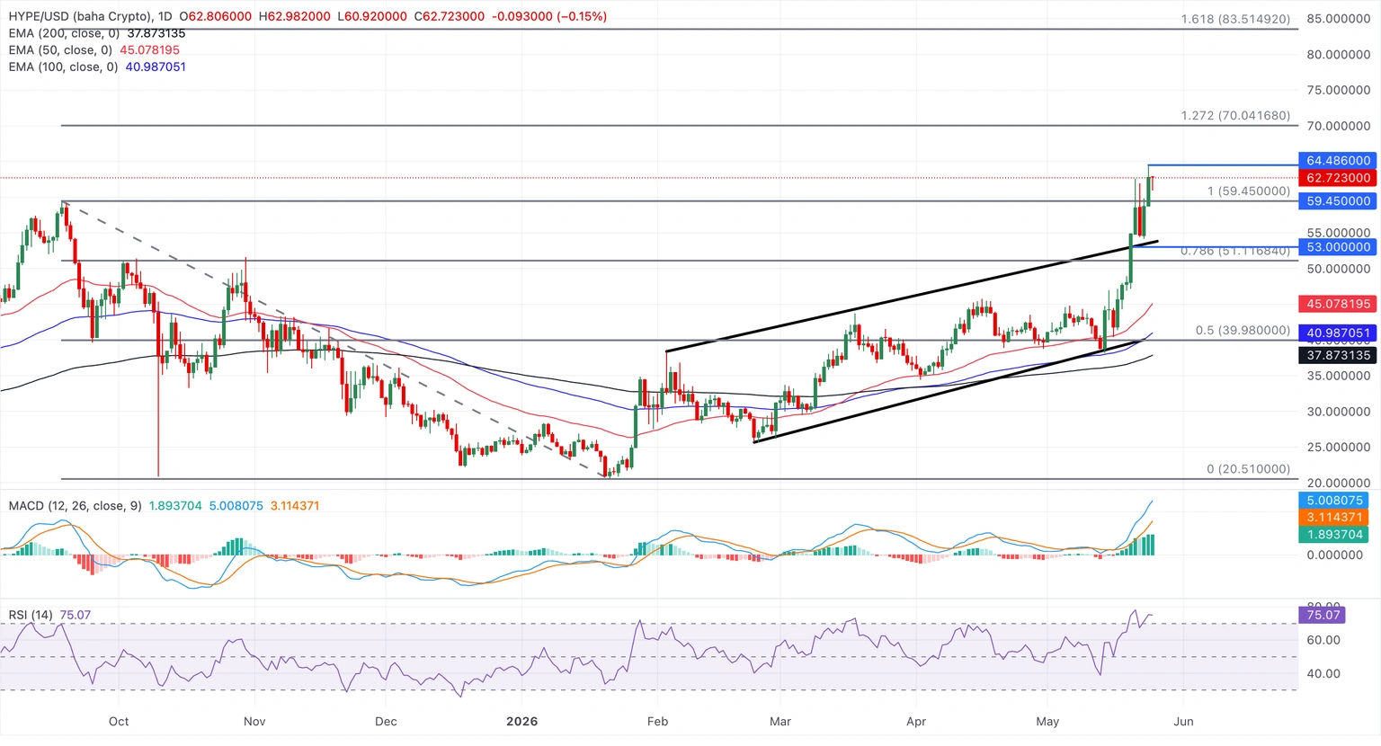 กราฟราคา HYPEUSD รายวัน | ที่มา: TradingView