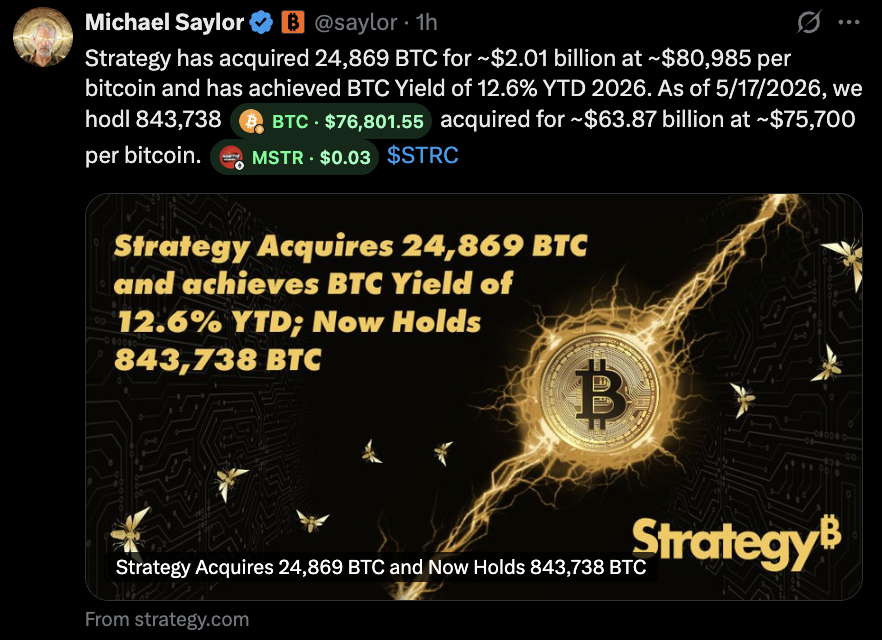 Saylor’s X post regarding BTC purchase
