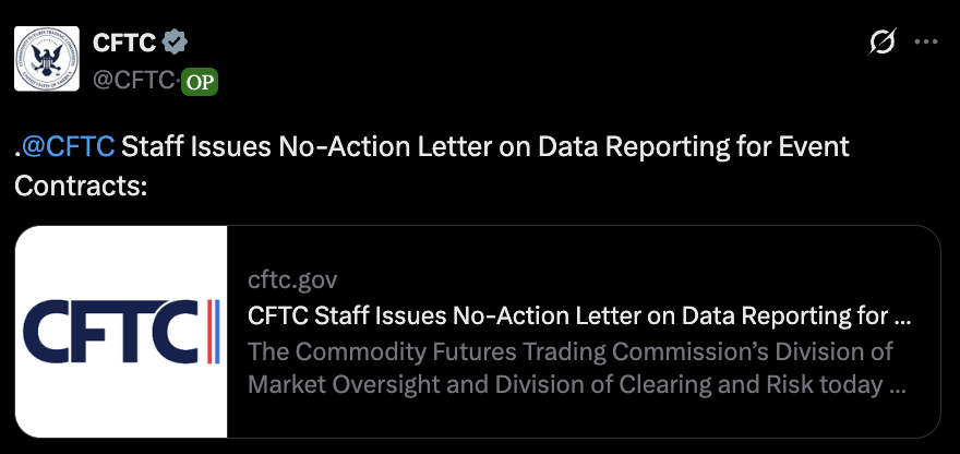 CFTC’s no-action letter announcement on X