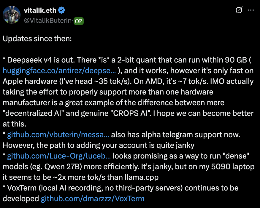 โพสต์ X ของ Vitalik Buterin บน Deepseek