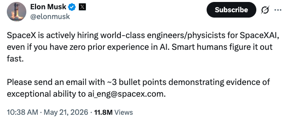 SpaceX hiring Post | Source: Elon Musk | X