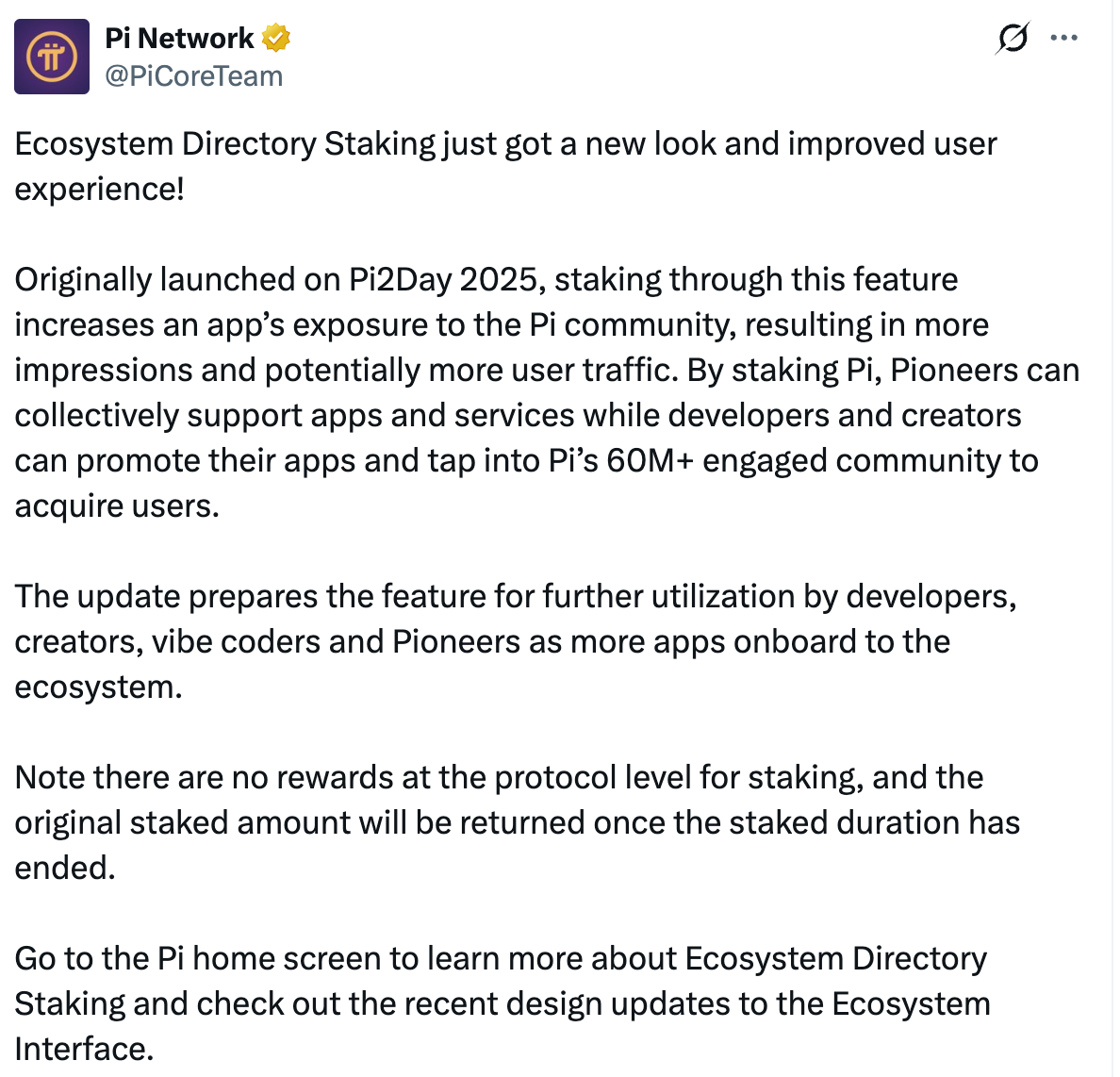 Pi Network revamps directory staking | Source: X