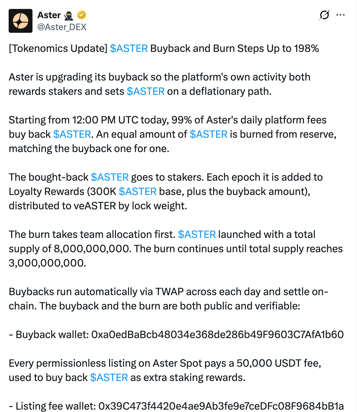 Сжигание и выкуп токенов Aster | Источник: X