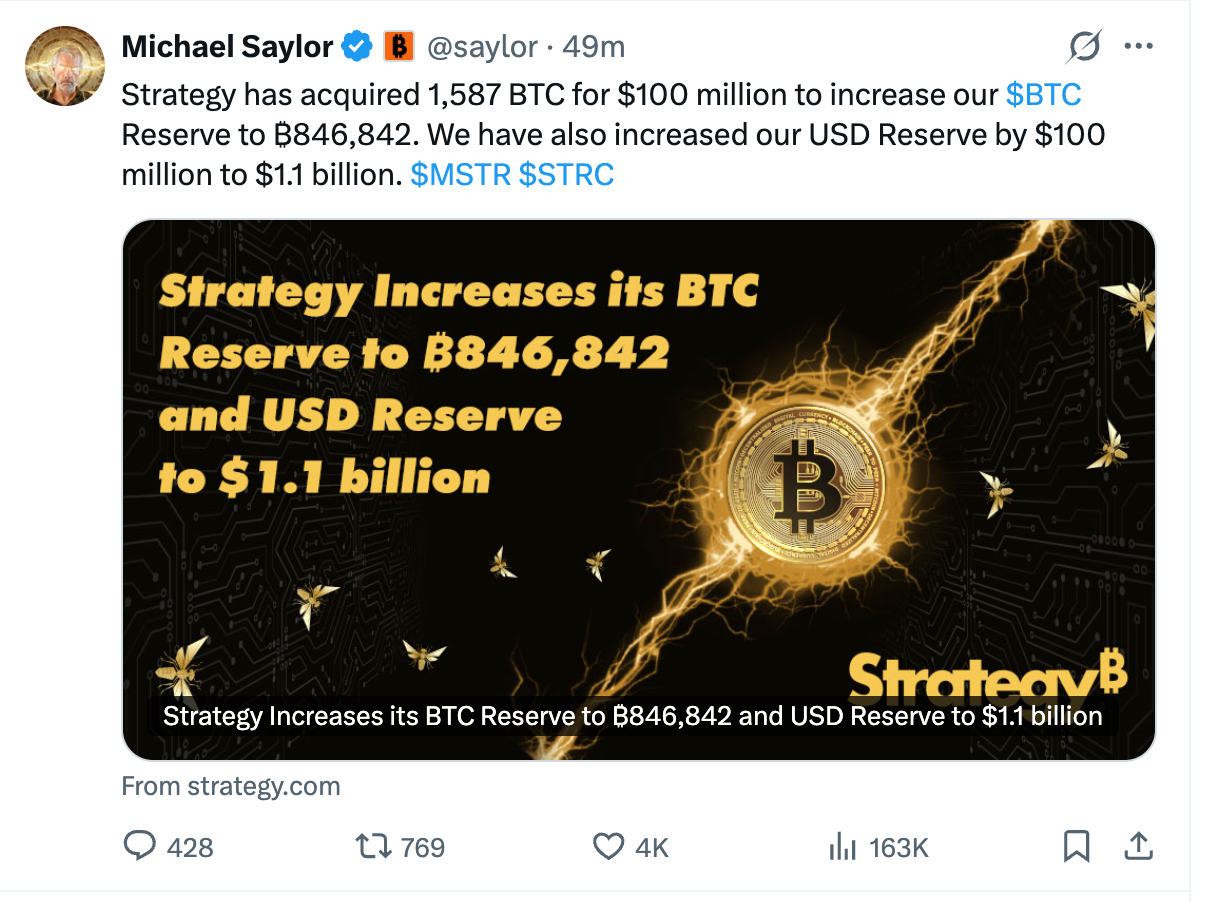 Strategy reveals its Bitcoin buying | Source: X