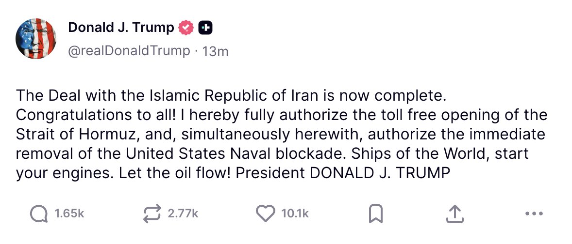 US-Iran peace deal | Source: Donald Trump, Truth Social