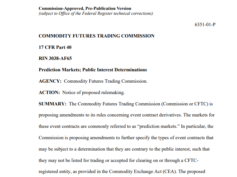 Règles proposées par la CFTC sur les marchés de prédiction. Source : CFTC