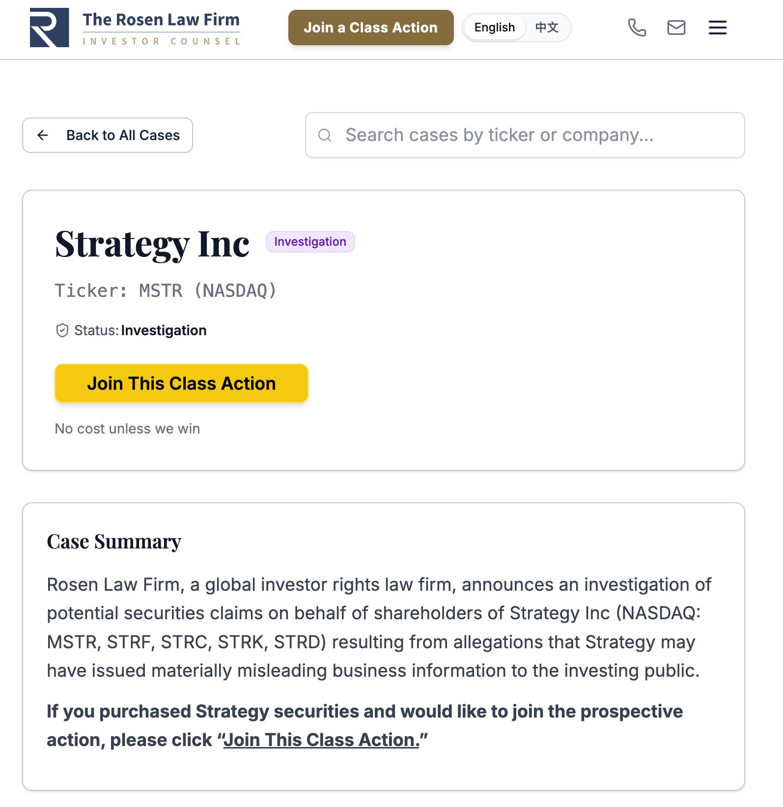 Demanda colectiva de Strategy | Fuente: Rosen Law Firm