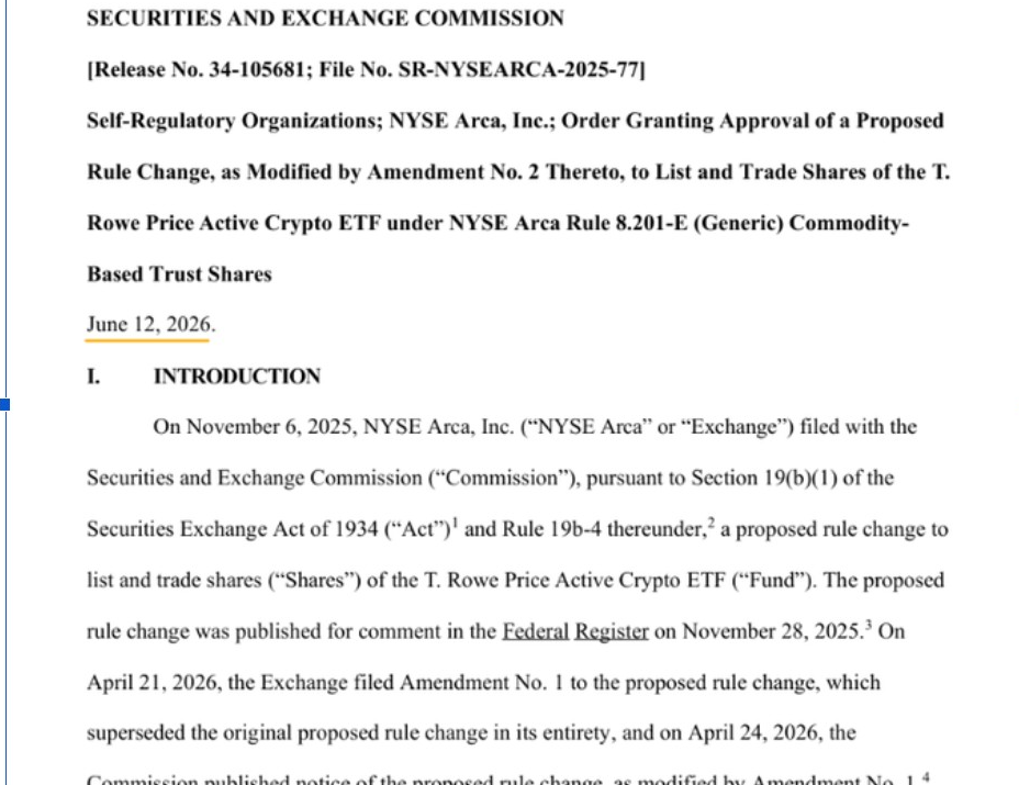 Комиссия по ценным бумагам и биржам (SEC) одобрила изменение правил NYSE Arca в отношении активного криптовалютного ETF компании T. Rowe Price, включающего XRP