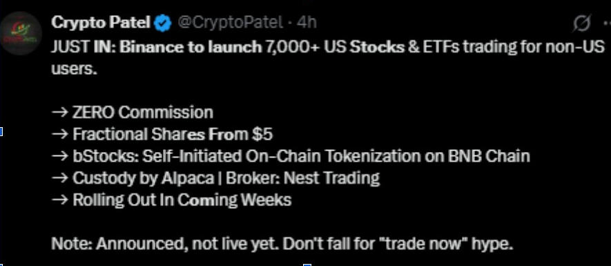 Binance to Launch 7,000+ US Stocks and ETFs | Source: CryptoPatel, X