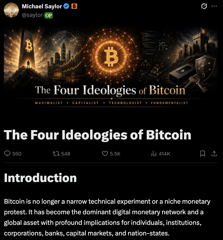 Недавний пост Майкла Сейлора "X" об идеологиях биткойна