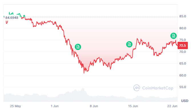 Solana’s price has struggled in the past month. Source: CoinMarketCap