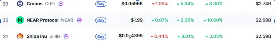 Shiba Inu Drops Out of Top 30 | Source: CMC Data