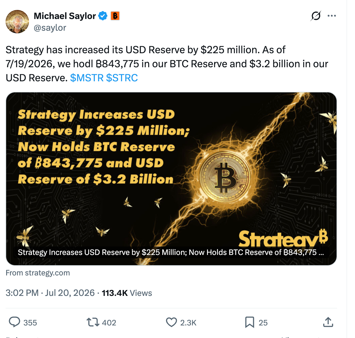 บริษัท Strategy ระดมทุนได้ 225 ล้านดอลลาร์สหรัฐเมื่อสัปดาห์ที่แล้ว | ที่มา: X
